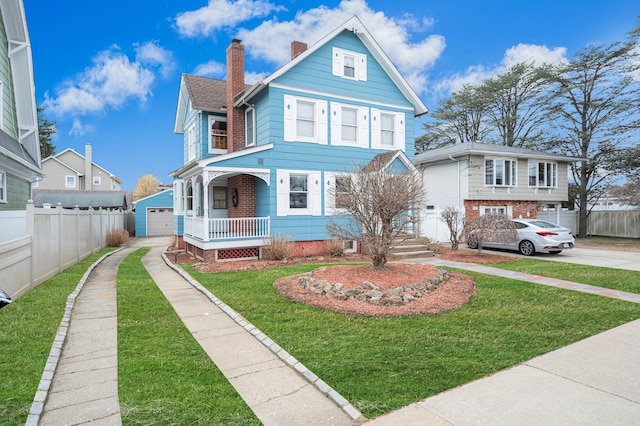 view of front of property featuring a shingled roof, a front yard, covered porch, and a chimney