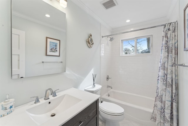 bathroom with vanity, ornamental molding, shower / bath combo with shower curtain, and visible vents