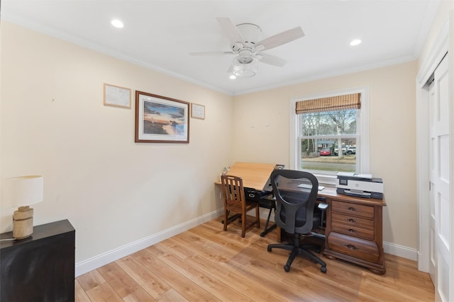 office space with crown molding, light wood finished floors, recessed lighting, and baseboards