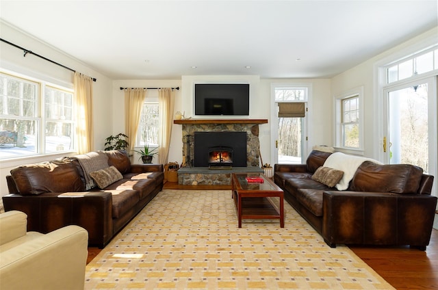 living area featuring light wood-style floors, a wealth of natural light, and a stone fireplace