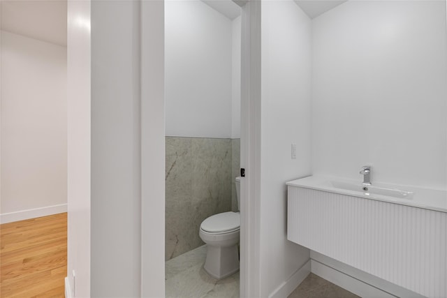 bathroom with wood finished floors, a sink, and toilet