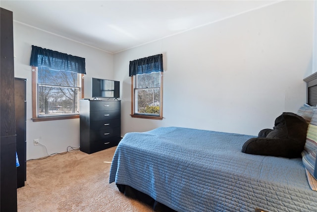 bedroom featuring light carpet