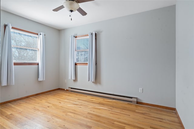 spare room with light wood-style floors, baseboards, a healthy amount of sunlight, and baseboard heating