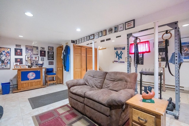 living room with tile patterned flooring and recessed lighting