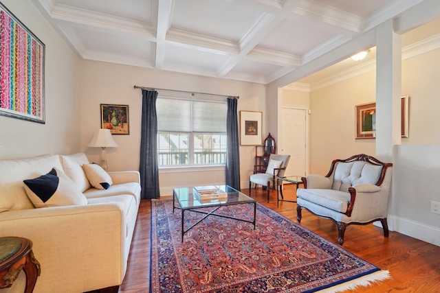 living area featuring beamed ceiling, wood finished floors, baseboards, and coffered ceiling