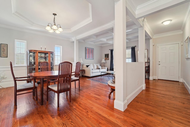 dining area featuring beam ceiling, a notable chandelier, coffered ceiling, wood finished floors, and crown molding