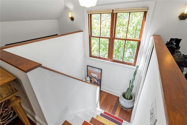 staircase featuring vaulted ceiling and wood finished floors