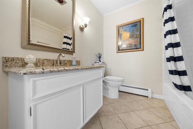 full bathroom with vanity, ornamental molding, tile patterned flooring, a baseboard heating unit, and toilet