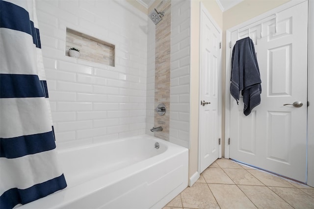 bathroom featuring shower / tub combo and tile patterned flooring