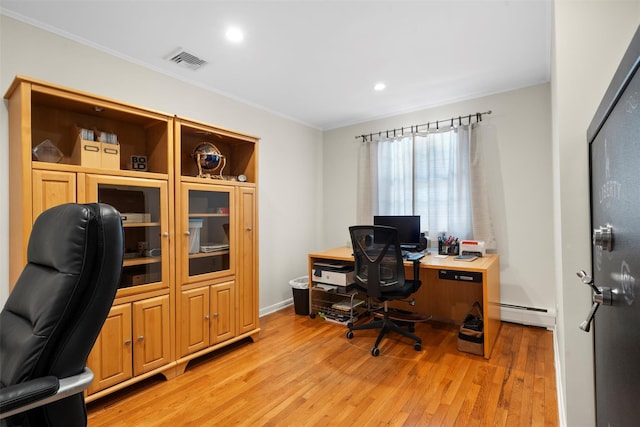 office area with visible vents, light wood finished floors, a baseboard radiator, recessed lighting, and ornamental molding