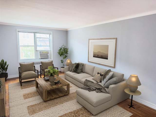 99-45 67th Rd Unit 411, Forest Hills, NY 11375 - living area featuring cooling unit, radiator, and wood finished floors