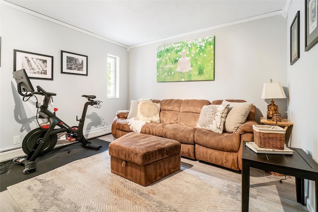 living room with crown molding and a baseboard radiator