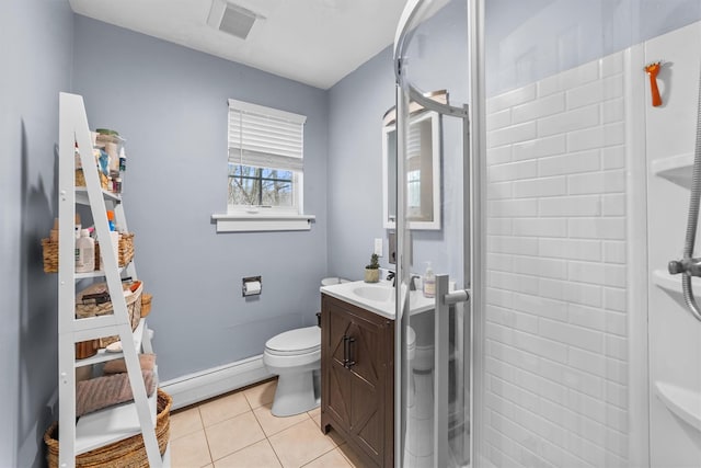 full bath featuring visible vents, toilet, tile patterned floors, vanity, and a baseboard radiator