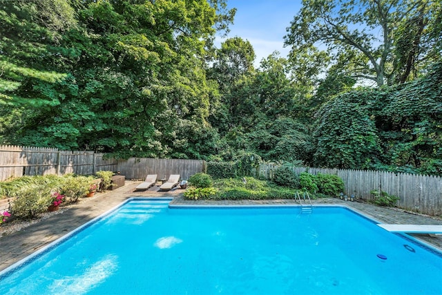 view of pool featuring a fenced in pool, a diving board, and a fenced backyard