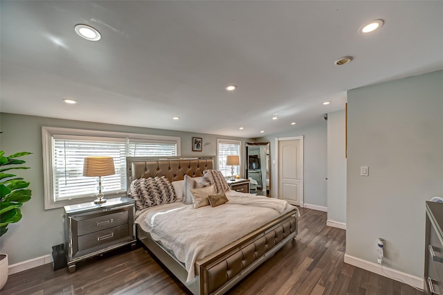 bedroom featuring recessed lighting, dark wood-style flooring, and baseboards