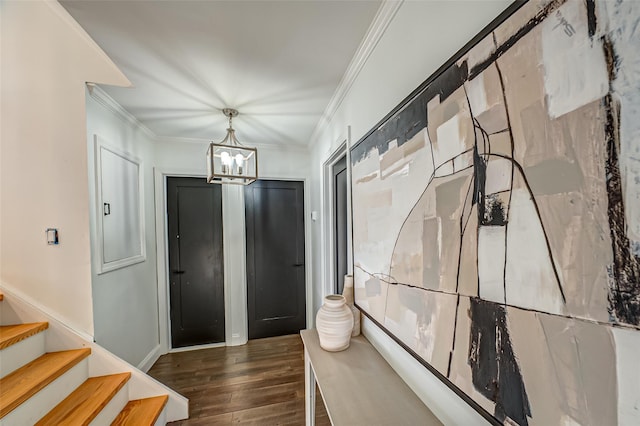 foyer featuring a chandelier, stairway, dark wood finished floors, and ornamental molding