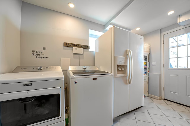 clothes washing area with independent washer and dryer, cabinet space, light tile patterned flooring, and recessed lighting