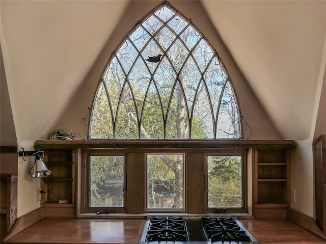 details featuring stove and wood finished floors