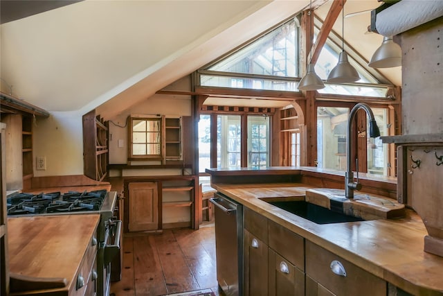 kitchen with butcher block countertops, stainless steel appliances, vaulted ceiling, and a sink