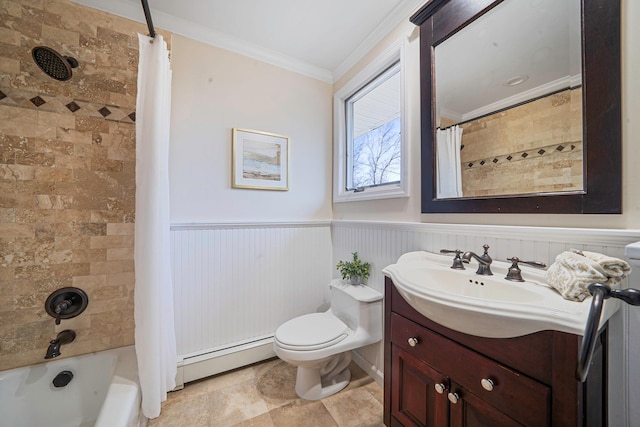 bathroom featuring wainscoting, ornamental molding, a baseboard radiator, and shower / bathtub combination with curtain