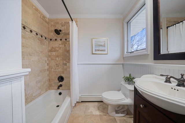 full bath featuring a baseboard heating unit, a wainscoted wall, vanity, and crown molding