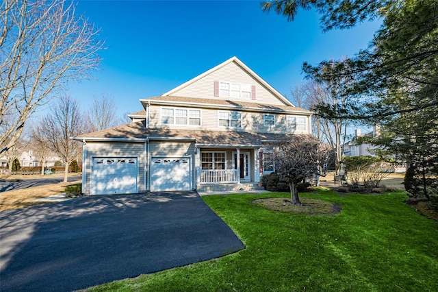 view of front facade featuring aphalt driveway, covered porch, a front lawn, and an attached garage