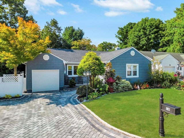 single story home with decorative driveway, a shingled roof, an attached garage, fence, and a front lawn