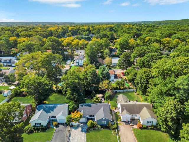 bird's eye view with a wooded view and a residential view