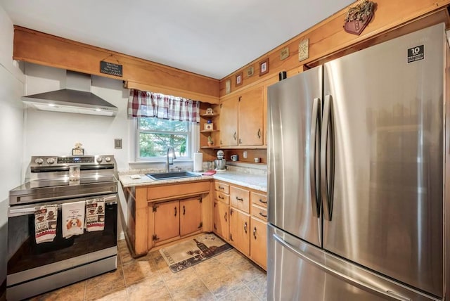 kitchen featuring open shelves, stainless steel appliances, light countertops, a sink, and wall chimney exhaust hood