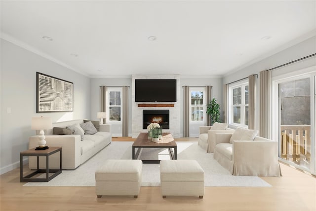 living area featuring baseboards, ornamental molding, and light wood-style floors