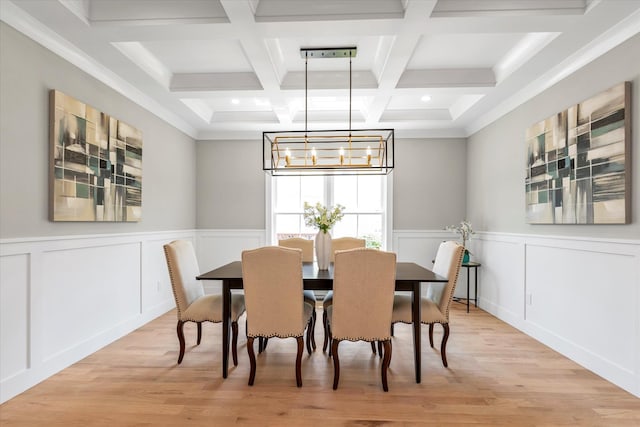 18 Anita Ave, Syosset, NY 11791 - dining room with beamed ceiling, light wood finished floors, coffered ceiling, a chandelier, and wainscoting