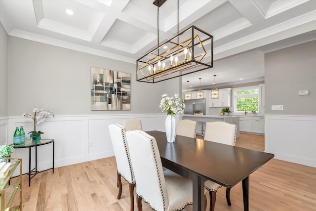 18 Anita Ave, Syosset, NY 11791 - dining area featuring coffered ceiling, beam ceiling, light wood-style flooring, wainscoting, and a chandelier