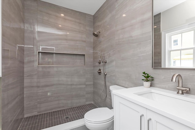 18 Anita Ave, Syosset, NY 11791 - full bath with vanity, a tile shower, and tile walls