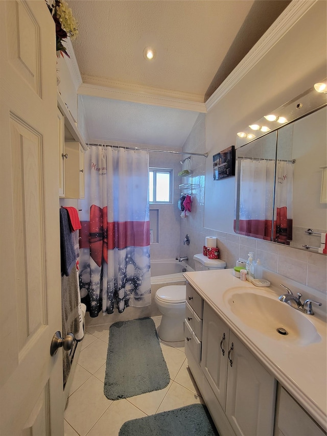 full bath with tile walls, lofted ceiling, shower / bathtub combination with curtain, toilet, and vanity