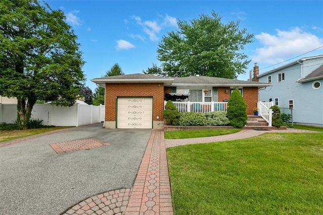 ranch-style house with brick siding, a front yard, fence, a garage, and driveway