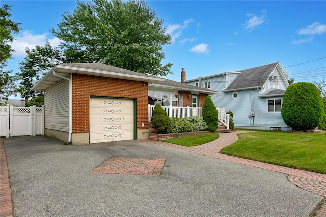 view of front of house featuring a garage, brick siding, fence, driveway, and a front yard