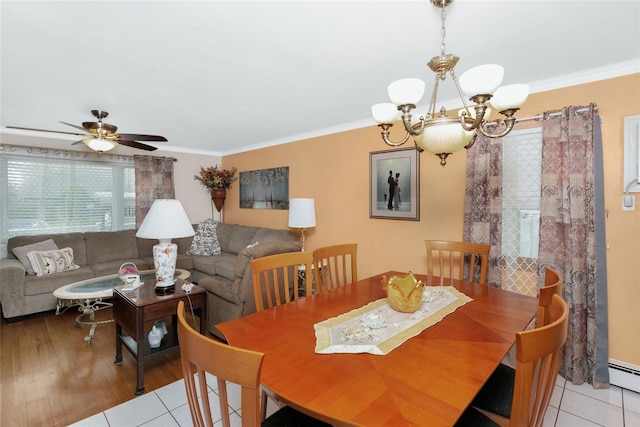 dining area featuring crown molding, baseboard heating, and ceiling fan with notable chandelier