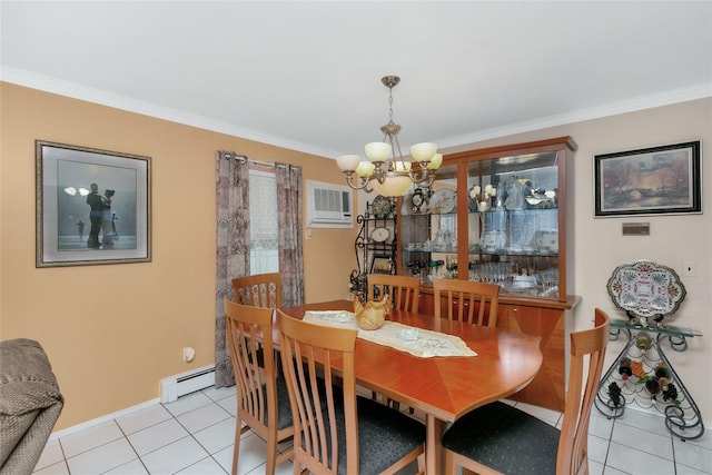 dining area with ornamental molding, a baseboard radiator, and a wall unit AC