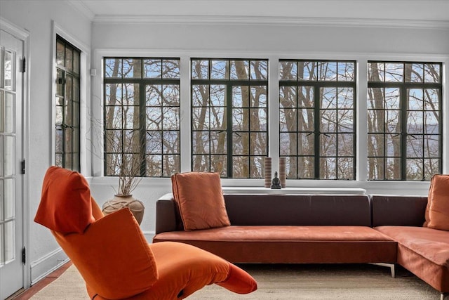 living area featuring ornamental molding and baseboards