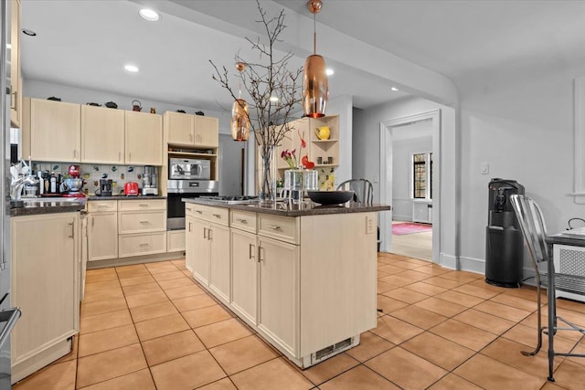 kitchen featuring light tile patterned floors, pendant lighting, recessed lighting, and decorative backsplash