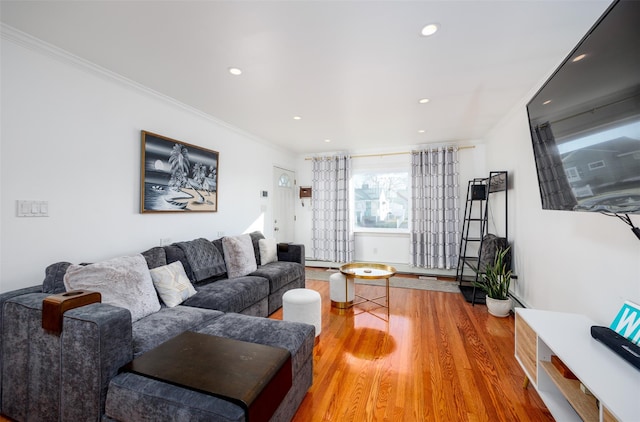 living area with ornamental molding, recessed lighting, and wood finished floors