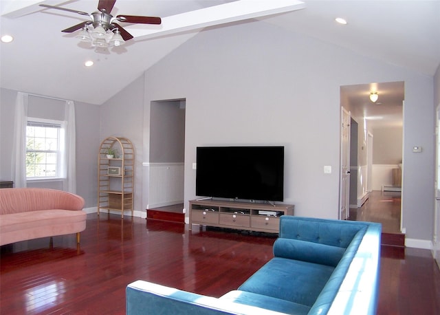 living area with lofted ceiling, baseboards, dark wood-type flooring, and recessed lighting