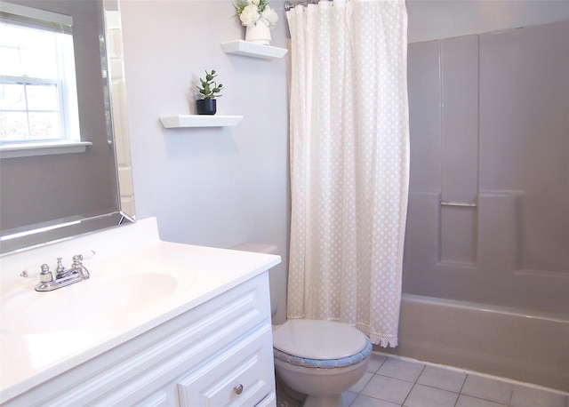 bathroom with tile patterned flooring, shower / bathtub combination with curtain, toilet, and vanity