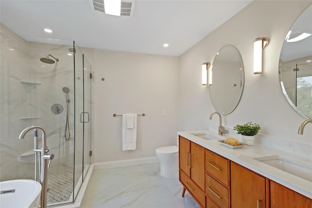 full bath with a sink, a stall shower, and visible vents