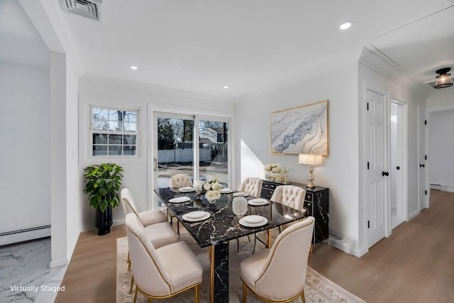 dining room with ornamental molding, recessed lighting, visible vents, and baseboards