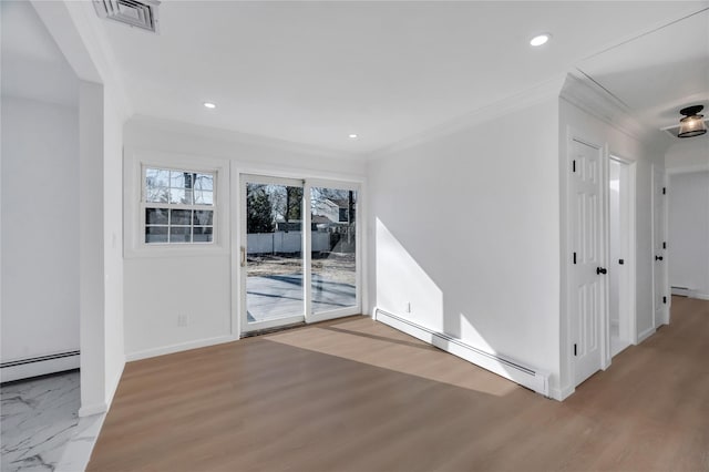 empty room featuring recessed lighting, a baseboard heating unit, visible vents, baseboards, and crown molding