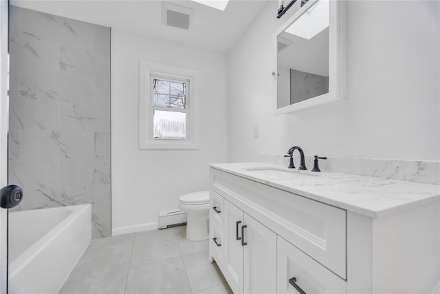 bathroom featuring toilet, a baseboard heating unit, vanity, visible vents, and baseboards