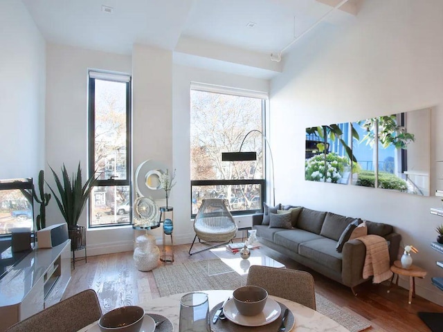 living area with light wood-style floors and baseboards