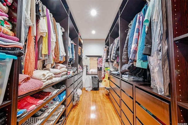 walk in closet with light wood-type flooring