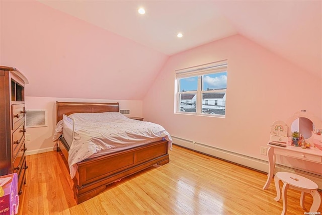 bedroom with lofted ceiling, a baseboard radiator, recessed lighting, visible vents, and light wood-style floors